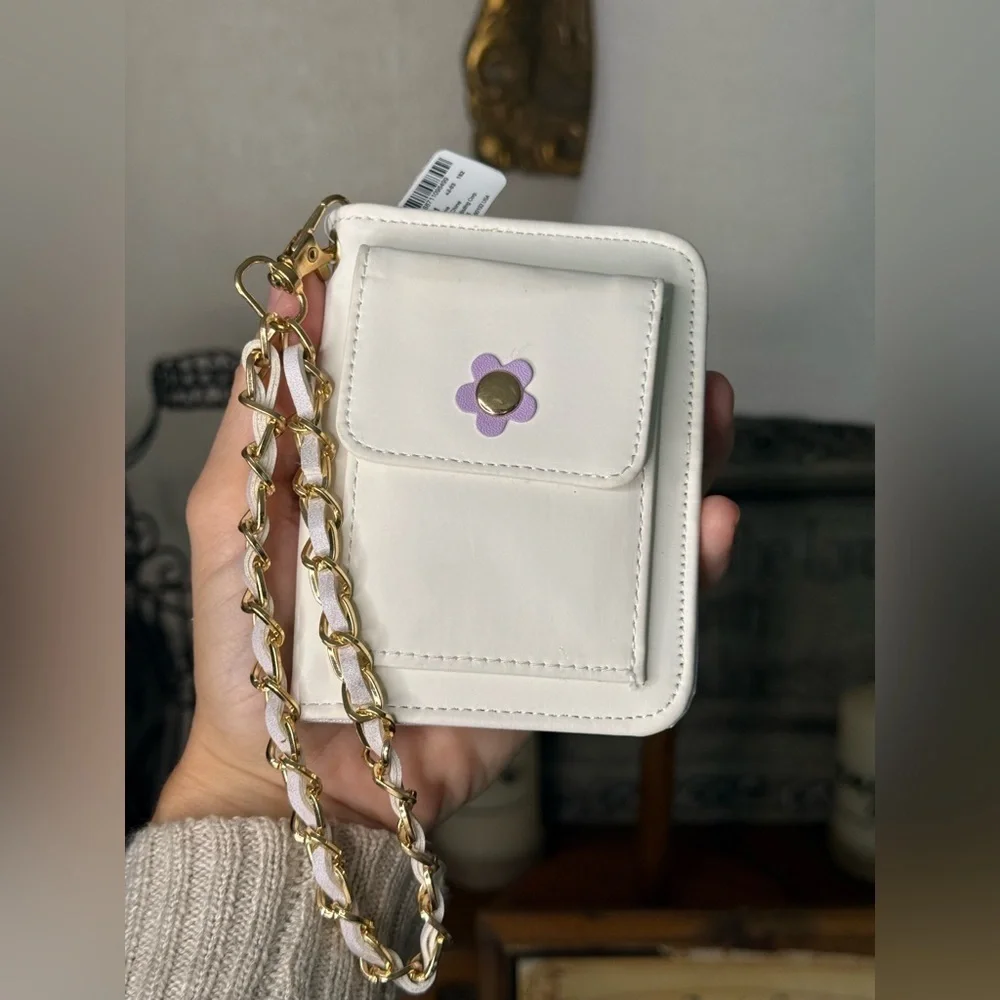 White Wallet with Gold Chain and Purple Flower NWT